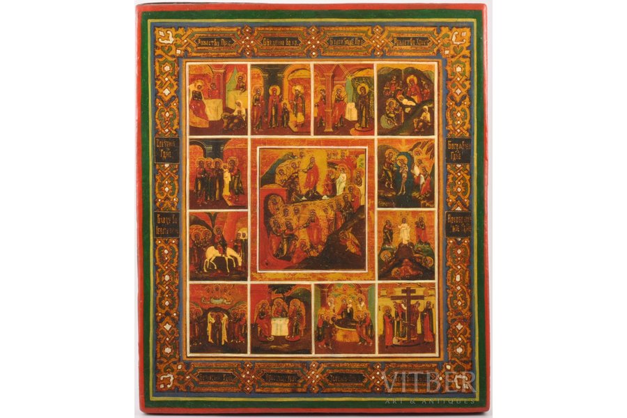 ikona, Kristus Augšāmcelšanās un Nokāpšana ellē, Divpadsmit Lielie svētki, dēlis, gleznojums uz litogrāfijas, Krievijas impērija, 19. un 20. gadsimtu robeža, 31.5 x 27 x 2.5 cm