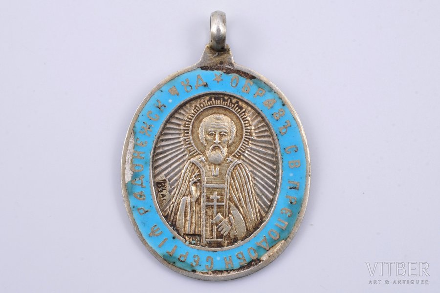 a pendant, pendant icon, Great Martyr Barbara and Saint Sergius of Radonezh, silver, enamel, 84 standard, 3.95 g., the item's dimensions 3.15 x 2.21 cm, the 1st half of the 20th cent., Russia