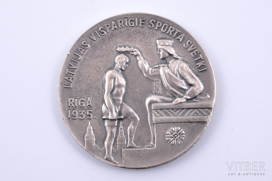 medal, Latvian general sports festival, 2nd place in shooting, silver, Latvia, 1935, 32 mm, 15.5 g, by V. Millers