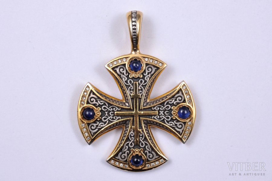 neck cross, silver, gilding, 925 standard, 29.60 g., the item's dimensions 5.13 x 3.77 cm, diamonds, sapphire, beginning of 21st cent., "Akimov" Jewelry Company, Moscow, Russian Federation