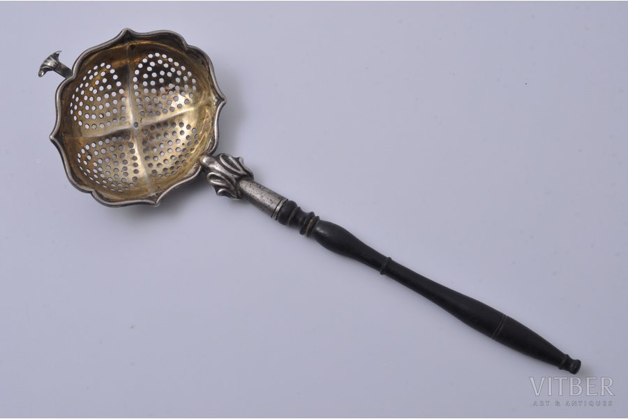 ложка-ситечко, серебро, рукоятка - вишня, 84 проба, 19-й век, (общий) 31.45 г, Российская империя, 20.7 см