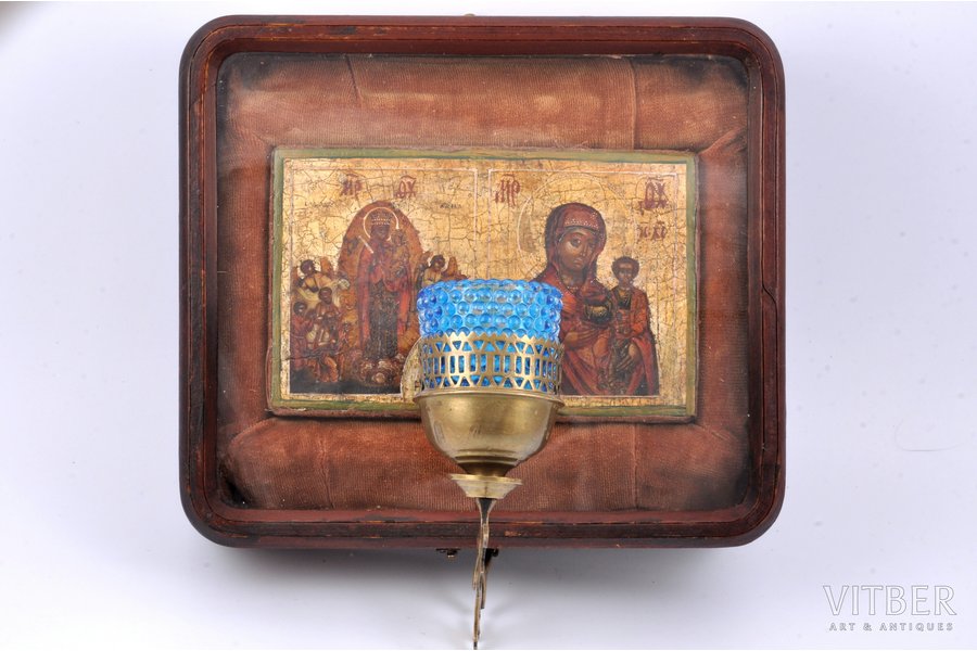 two-part icon, Mother of God Joy of All Who Sorrow, Our Lady of Smolensk, in icon case with icon lamp, board, painting, guilding, Russia, the 19th cent., 11 x 17.8 x 1.8 / 22 x 25.2 x 6 cm