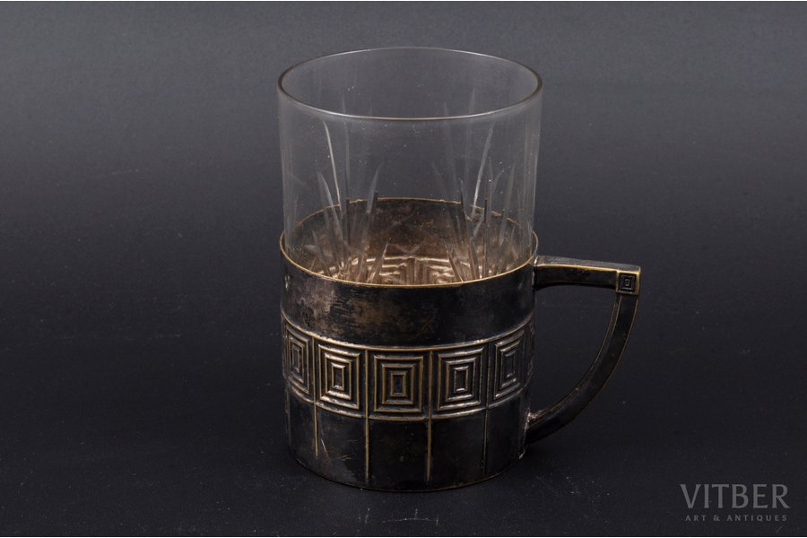 tea glass-holder, Plewkiewicz w Warszawie, with glass, silver plated, Russia, Congress Poland, the border of the 19th and the 20th centuries, h 5.7 cm, Ø (inside) 6.5 cm