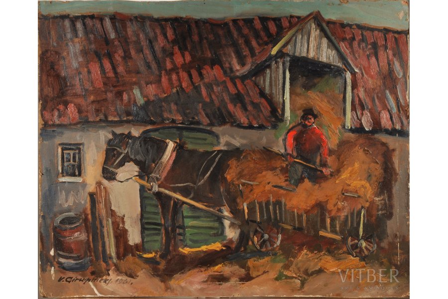 Girupnieks Vily, the Last cabmen, 1961, carton, oil, 56.5 x 70.5 cm