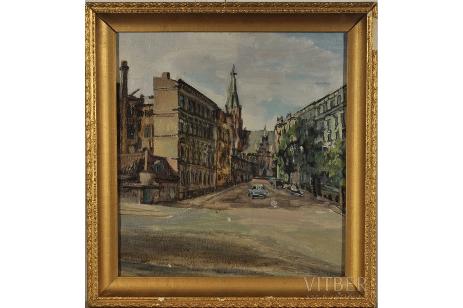 unknown author, the Corner Old St. Gertrude's Church and Stabu Str., canvas, oil, 39 x 36.3 cm