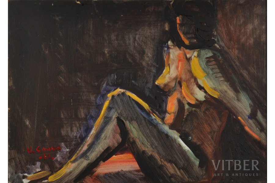 V. Cauka, Nude, 1961, carton, oil, 33.5 x 47.3 cm