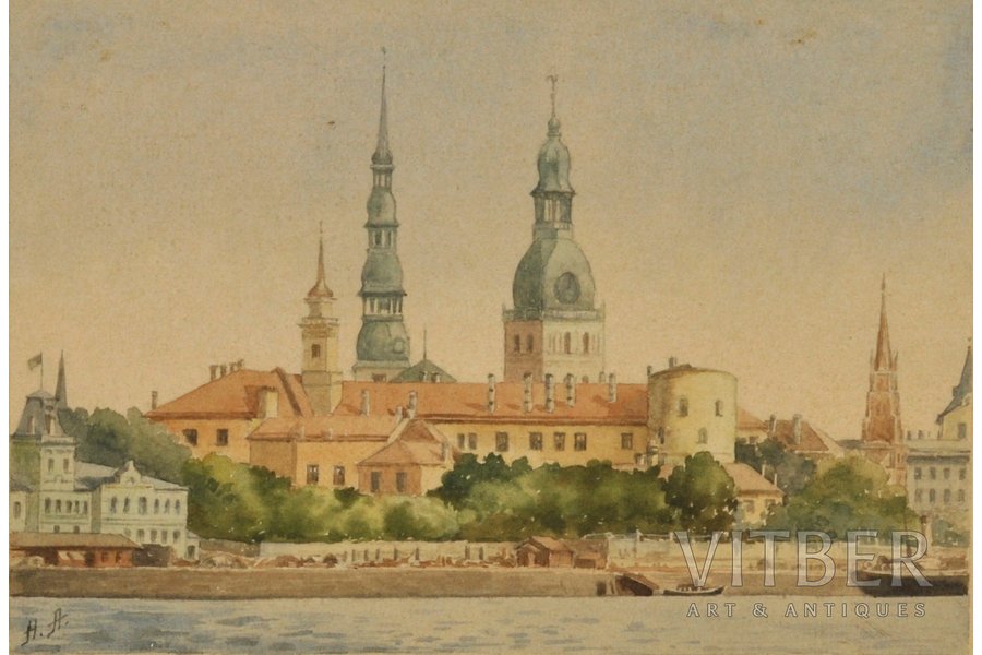 unknown author, Panorama of Riga, paper, water colour, 10.6 x 15.5 cm