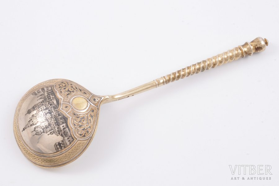 spoon, silver, "Kremlin", 84 standard, 46.45 g, niello enamel, 15.1 cm, 1874, Moscow, Russia