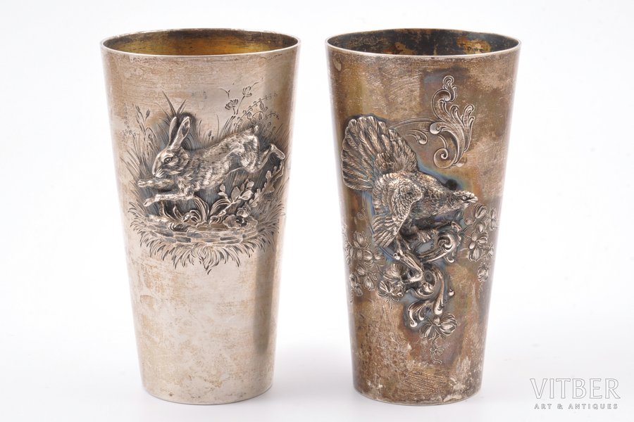 set of goblets (hunting theme), silver, 800 standart, engraving, the beginning of the 20th cent., 224.90 g + 182.10 g, Germany, h 12.9 cm