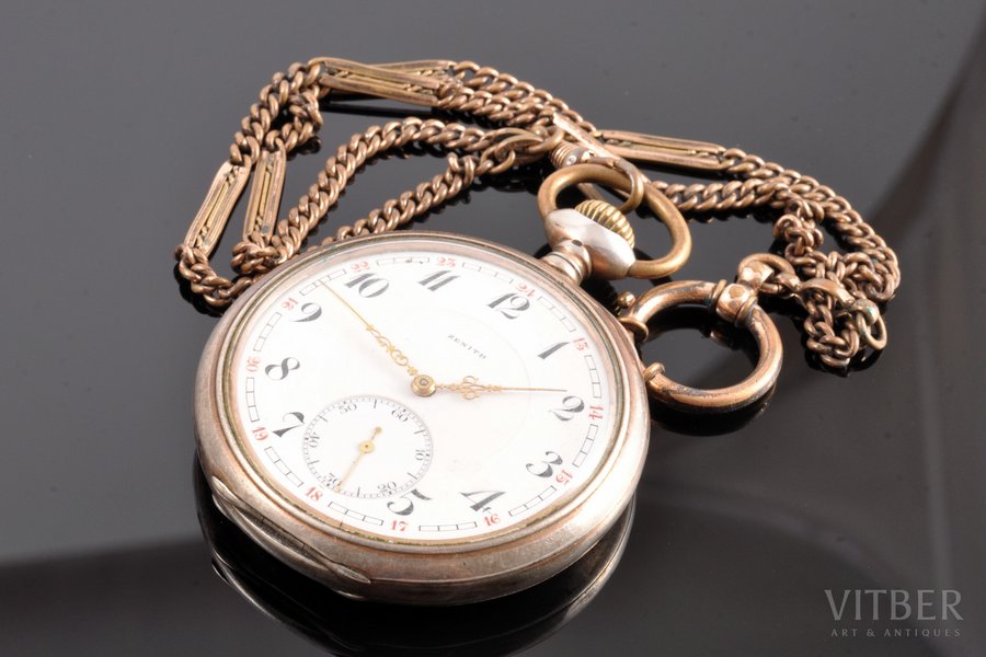 pocket watch, "Zenith", Switzerland, the beginning of the 20th cent., silver, 800 standart, (total) 118.85 g, 6.5 x 5.4 cm, Ø 44 mm, working well
