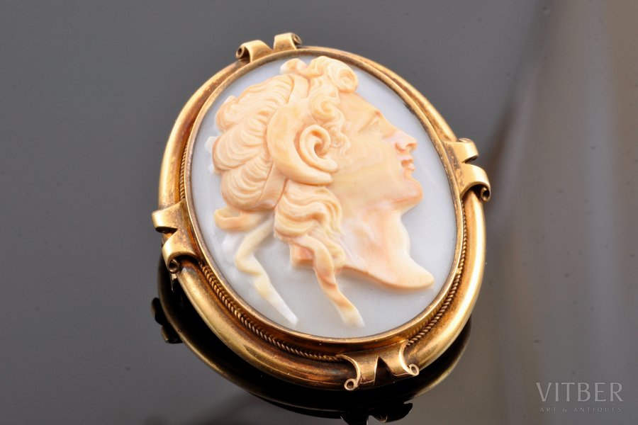 a brooch, cameo, gold, 56 standard, 19.00 g., the item's dimensions 4.8 x 4 cm, the beginning of the 20th cent., Russia