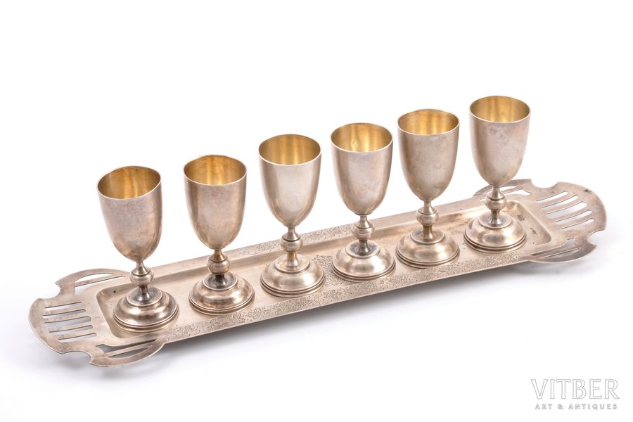set of 6 beakers with tray, silver, 84 standard, 331.50 g, h (beaker) 7.8 cm, tray 32 x 8.9 cm, Fifth Artel Moscow, 1908-1917, Moscow, Russia