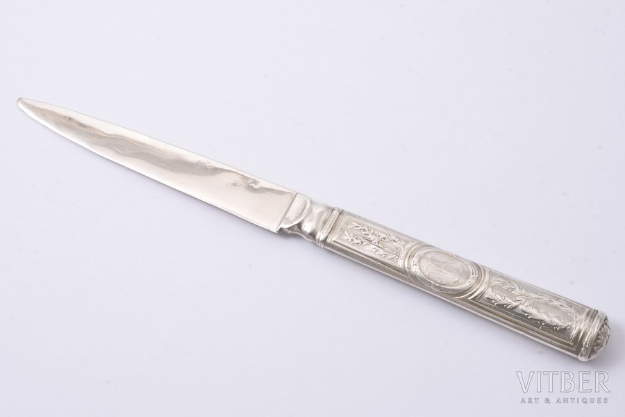 десертный нож, серебро, 84 проба, 35.45 г, 19.1 см, фирма "Фаберже", 1908-1916 г., Москва, Российская империя
