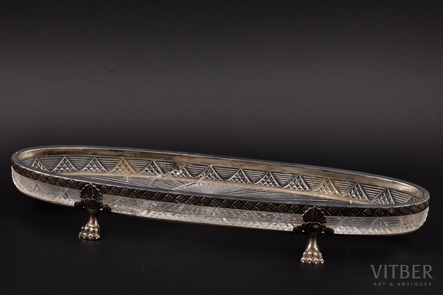 platter, silver, crystal, 88 standart, 1908-1916,
 (total) 756.40g, trading house of Bolin Factory, Moscow, Russia, 33.4 x 8.5 x 4.2 cm, with deffect
