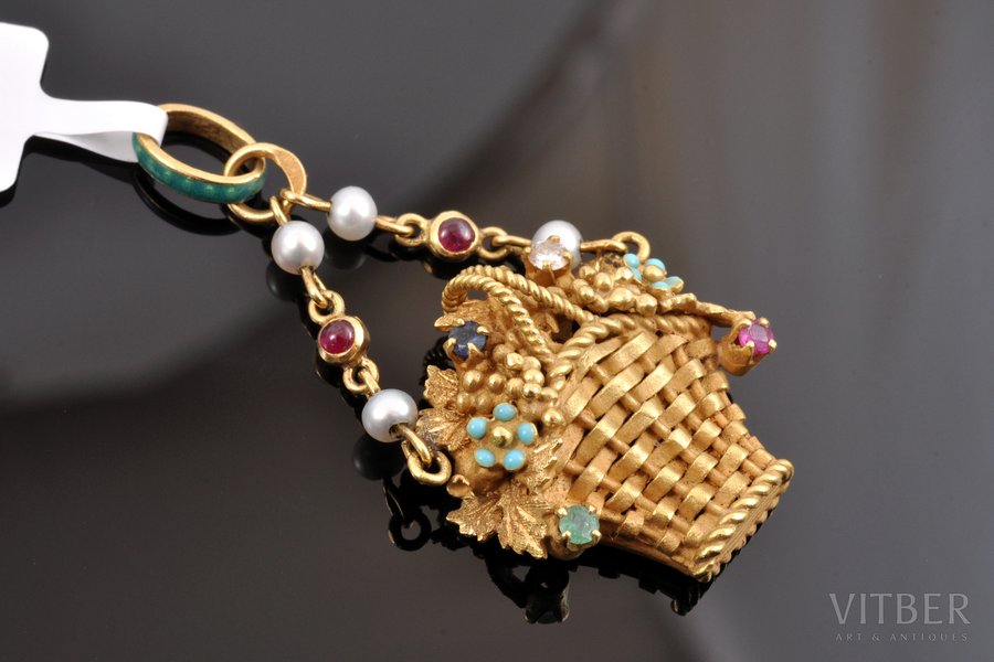 a pendant, gold, enamel, 750 standard, 7.24 g., the item's dimensions 4.3 x 2.2 cm, diamonds, emerald, ruby, sapphire, Naples, Italy