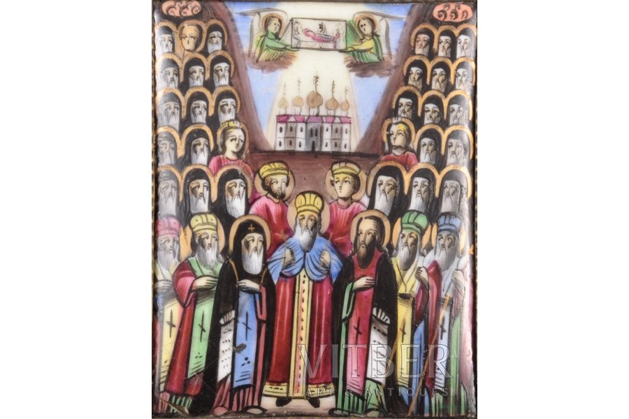 икона, Собор Всех Святых, доска, финифть, 19-й век, (икона) 5.5 x 4.3 см