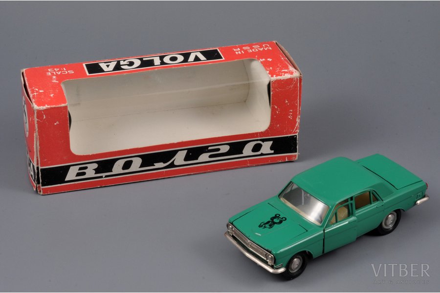 автомодель, ГАЗ 24 Волга № А14, "Олимпийский мишка", капронновые колёса и салон, металл, СССР, ~ 1978 г.