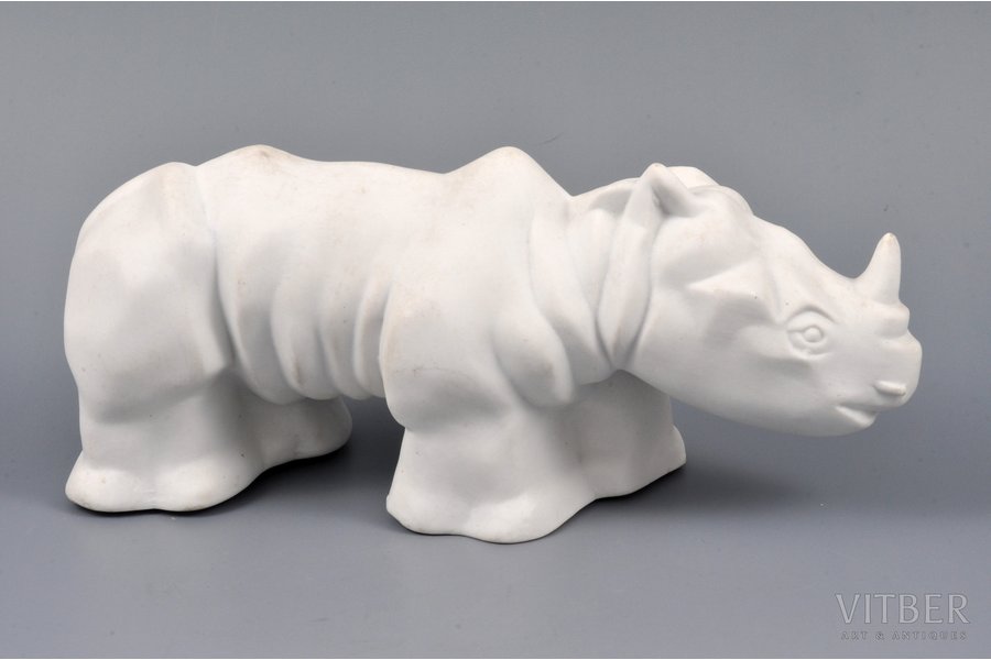 figurine, rhinoceros, bisque, Riga (Latvia), J.K.Jessen manufactory, molder - Olga Penerdzi, 21 / 9 cm