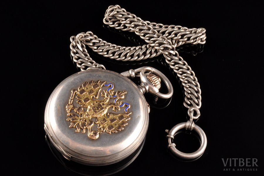 kabatas pulkstenis, ar sudraba ķēdi, "Павелъ Буре", Šveice, 19. un 20. gadsimtu robeža, sudrabs, zelts, emalja, 84 prove, 875 prove, 121.60 + 32.85 g, (pulkstenis) 6.6 x 5.3 cm, (ķēdīte) 31 cm, 43 mm, darbojas