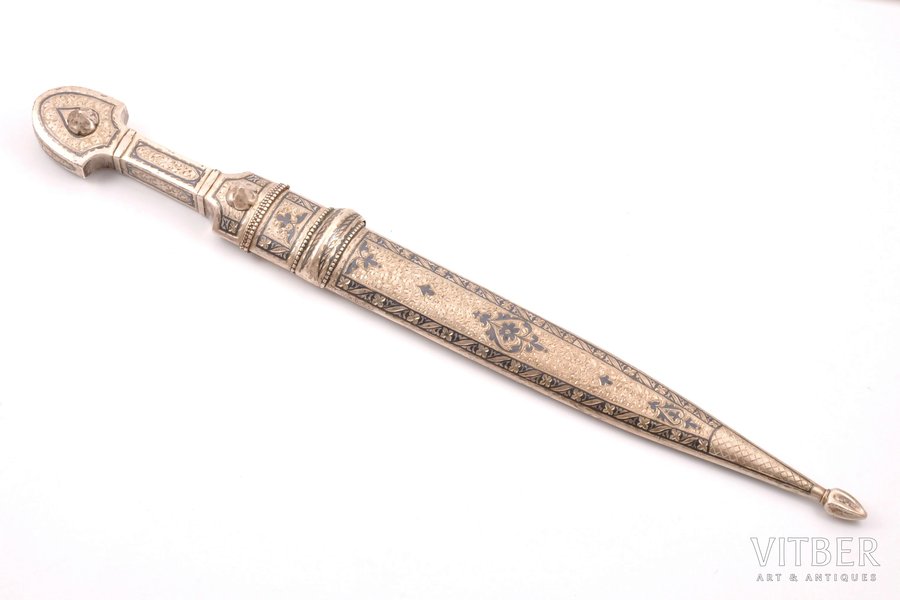 dagger, silver, Qama, 875 standard, item total weight 333.25, niello enamel, total length 37.7 cm, length of handle12.5 cm, the 20th cent., Dagestan, USSR