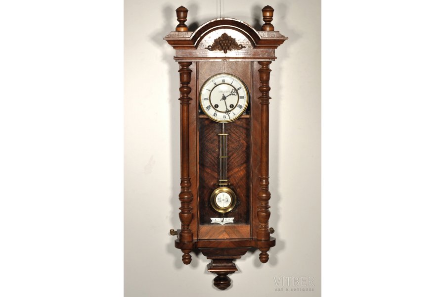 wall clock, "Павелъ Буре (Pavel Buhre)", Russia, wood, 86 x 35 x 18 cm, Ø 132 mm, teseted, working order