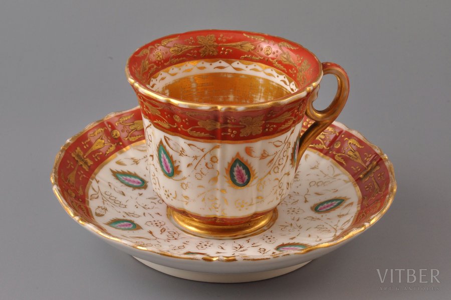 чайная пара, фарфор, завод Гарднер, Российская империя, ~1830 г., Ø (блюдце) 14.2 см, h (чашка) 6.8 см