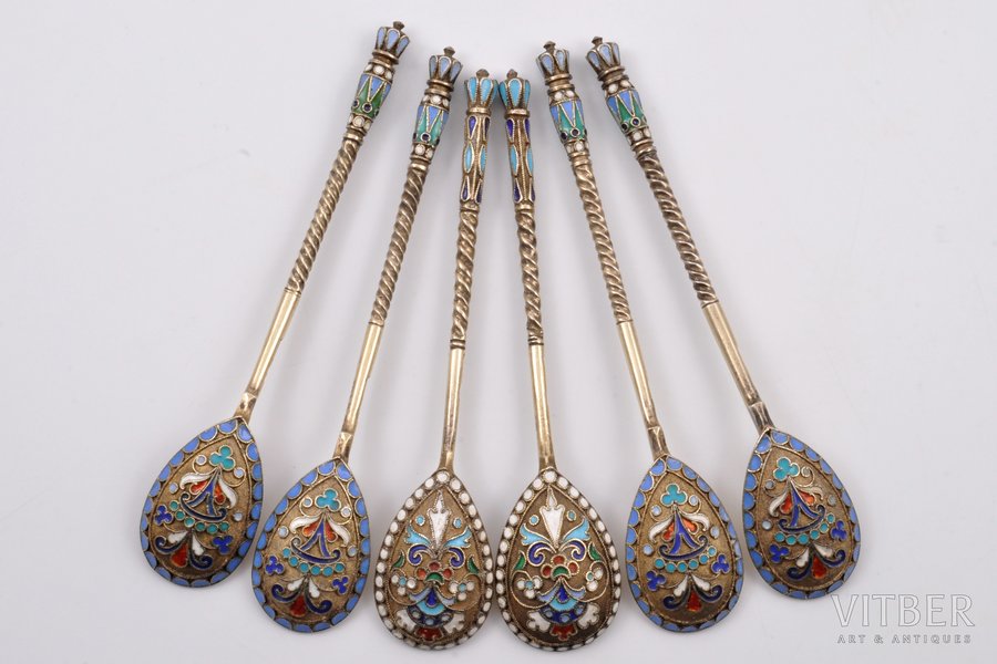 set of teaspoons (4+2), silver, 84 standart, cloisonne enamel, the end of the 19th century, 89.95 g, Moscow, Russia, 11 cm, 10.6 cm