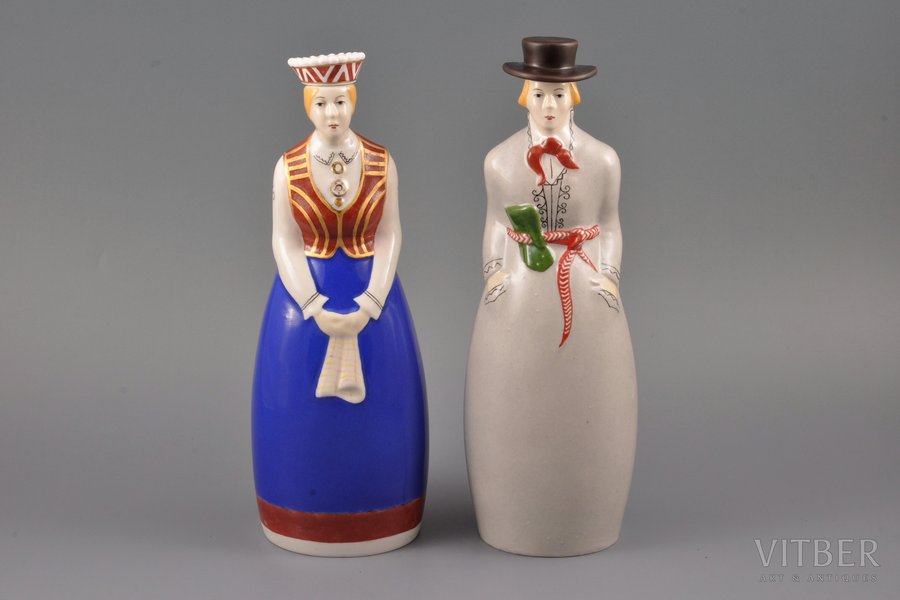 pair of figurines, Pair in national costumes, porcelain, Riga (Latvia), sculpture's work, J.K.Jessen manufactory, handpainted by Inese Margevica, h 26.7 / 26 cm