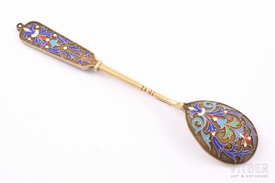 teaspoon, silver, 84 standard, 22.65 g, cloisonne enamel, gilding, 14.3 cm, firm of Gavriil Grachov, 1880-1890, St. Petersburg, Russia