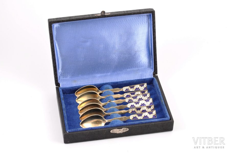 set of 6 teaspoons, silver, 875 standart, cloisonne enamel, gilding, 1971, 91.55 g, Leningrad Jewelry Factory, Leningrad, USSR, 11.7 cm, in a box