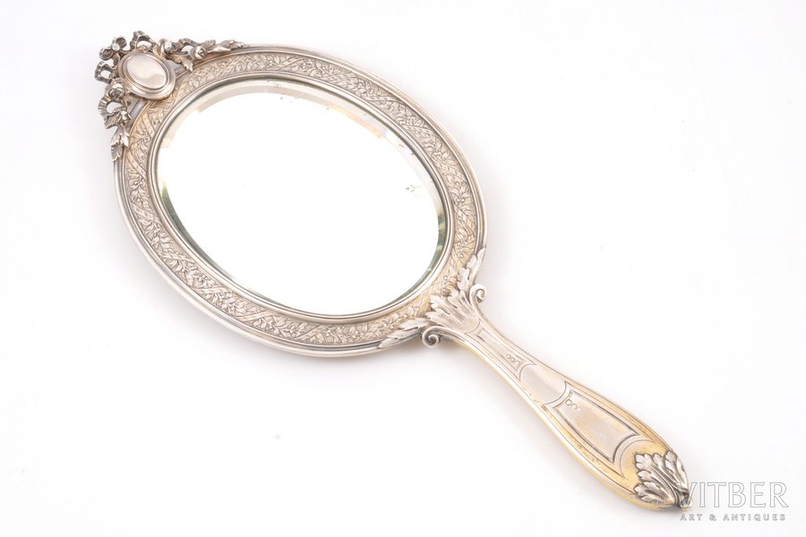 handheld mirror, silver, 950 standard, total weight of item 329.85, 30.7 x 12.8 cm, France