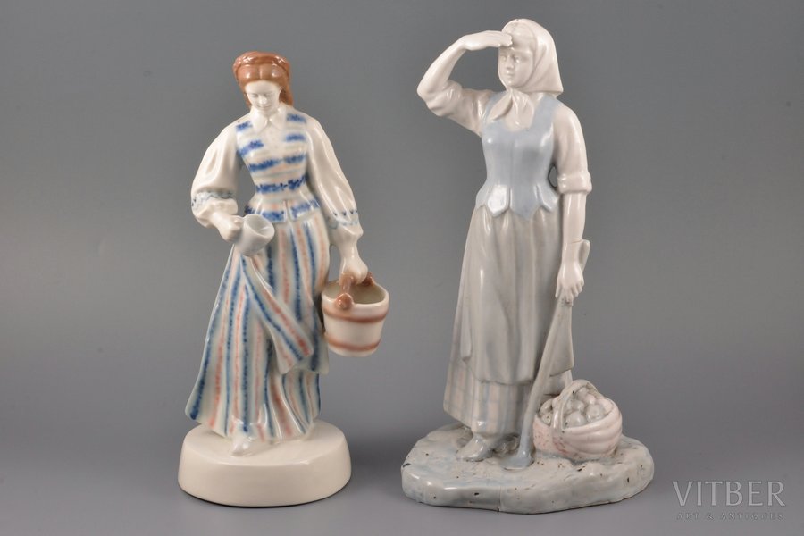 pair of figurines, "Harvesting Potatoes", "Young woman with bucket", porcelain, Riga (Latvia), USSR, sculpture's work, molder - L.Belvertajte, the 50-60ies of 20th cent., 27 / 25.5 cm, "Harvesting Potatoes" - restoration of he hand, "Young woman with bucket" - restoration of the base