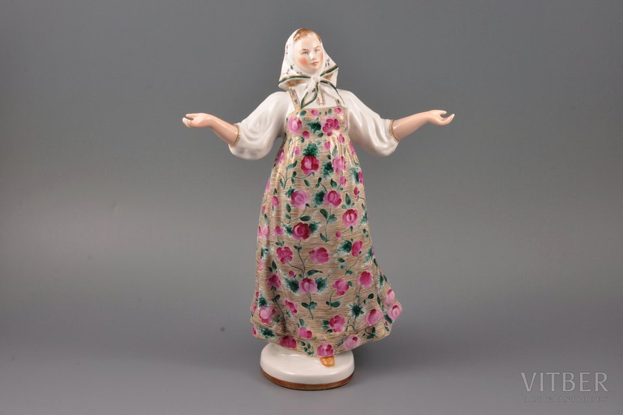 figurine, Russian Girl, porcelain, USSR, LFZ - Lomonosov porcelain factory, molder - S.B. Velihova, the 60ies of 20th cent., h 29.5 cm, restoration of the finger (thumb) on right hand, both hands are tinted