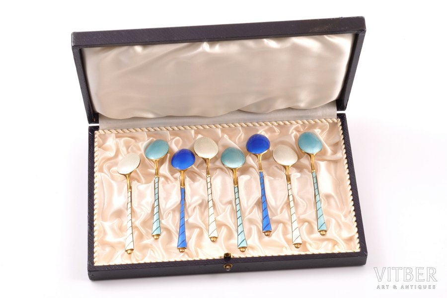 set of mocca spoons, silver, 8 pcs., 925 standard, 72.15 g, enamel, gilding, 9.4 cm, Denmark, in a box