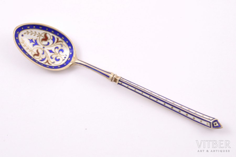 teaspoon, silver, 924, 88 ПТ standard, 15.15 g, enamel, 11.7 cm, Denmark
