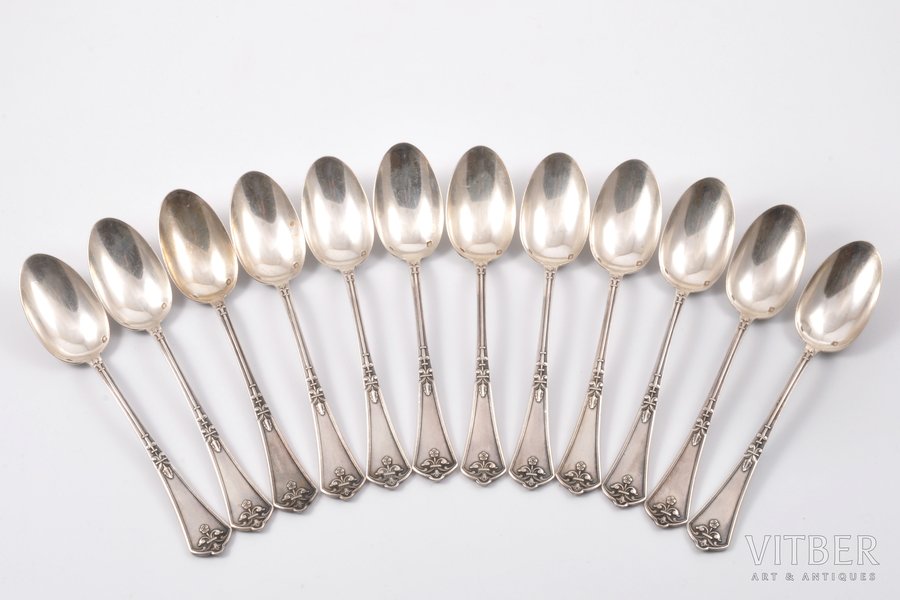 set of 12 teaspoons, silver, 950 standart, the beginning of the 20th cent., 307.50 g, France, 14 cm