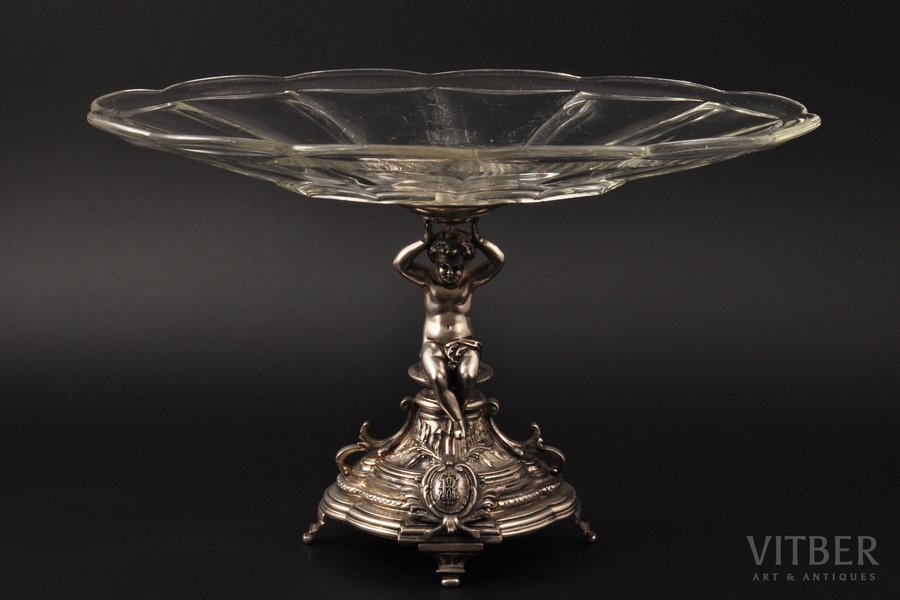 fruit dish, silver, glass, 950 standart, the beginning of the 20th cent., (total) ~1300 g, France, h 19 cm