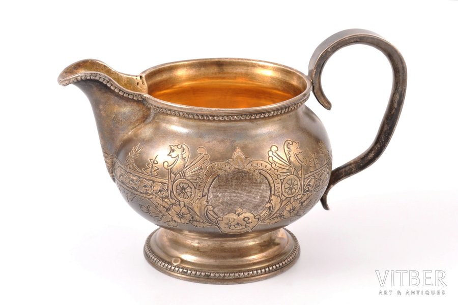 cream jug, silver, 84 standard, 103.60 g, engraving, gilding, h 7 cm, by Ivan Grishin, 1880-1890, Moscow, Russia