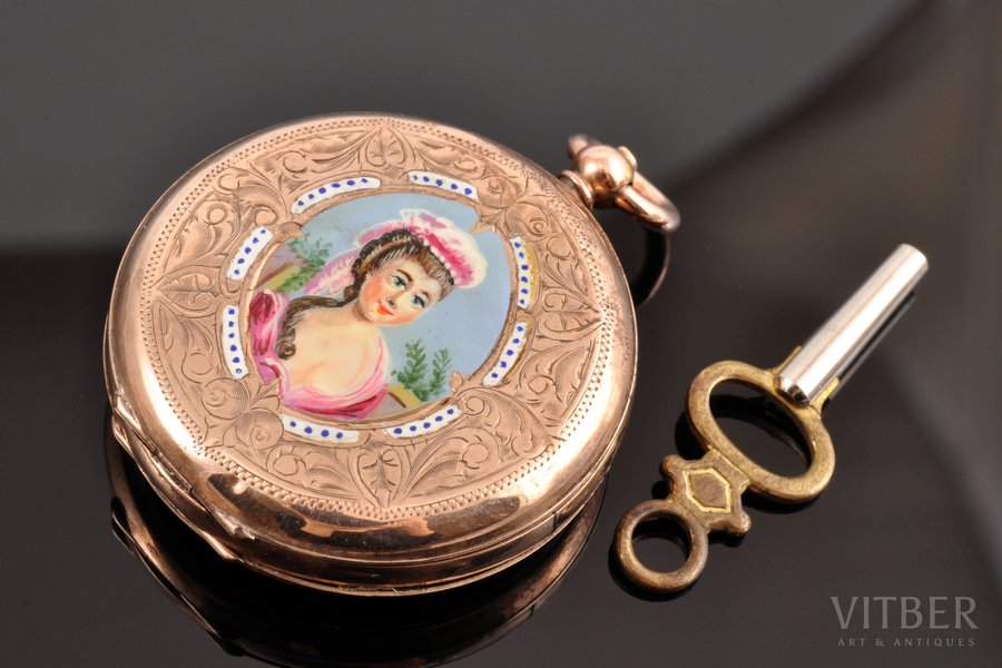 kabatas pulkstenis, ar atslēdziņu, Šveice, 19. un 20. gadsimtu robeža, zelts, metāls, emalja, 9 K prove, (kopējs) 33.75 g, 4.2 x 3.5 cm, Ø 32 mm, mehānisms darbojas