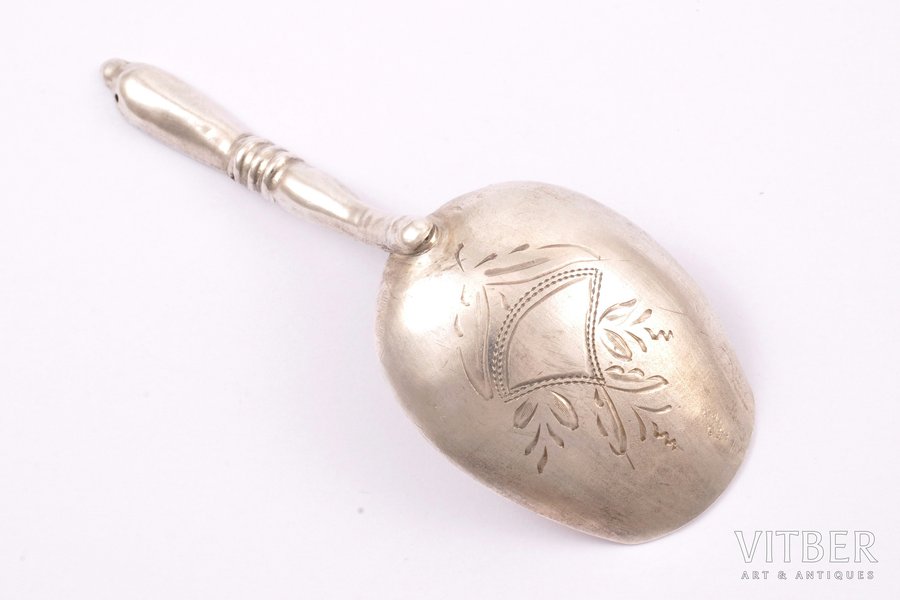tea caddy spoon, silver, 84 standard, 7.75 g, 8.7 cm, by Ivan Manilov, 1896-1907, Kostroma, Russia