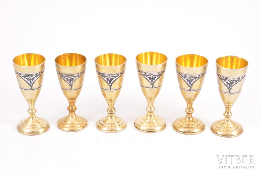 set of 6 beakers, silver, 875 standard, 193.20 g, niello enamel, gilding, h 8 cm, 1971, Dagestan, USSR