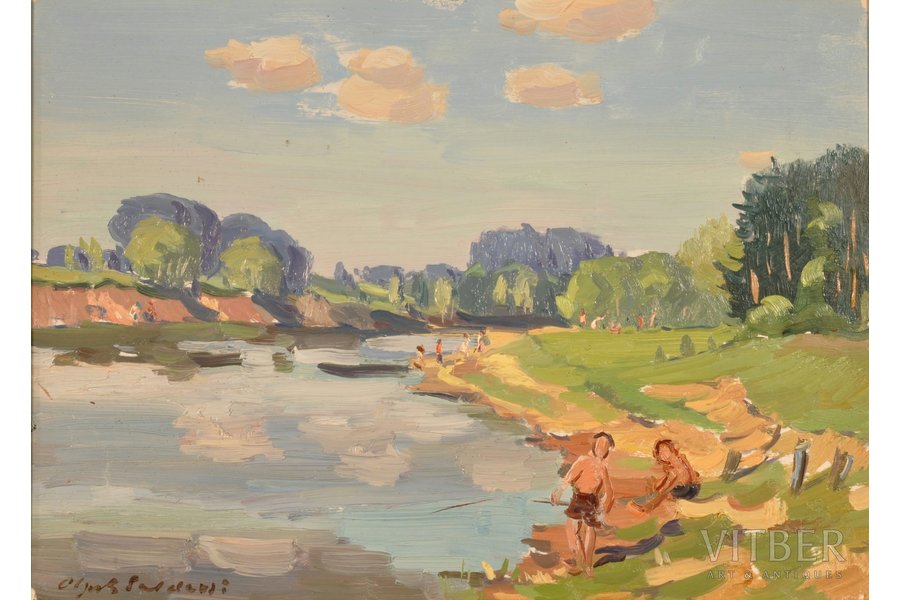 Saldavs Oļģerts (1907 –1960), Pie upes, 20 gs. 50tie gadi, kartons, eļļa, 24.7 x 34.4 cm