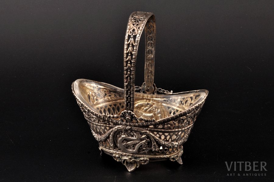 caviar server(?), silver, with glass inlay, 800 standart, silver weight 108.15g, Germany, h (with handle) 12.5 cm