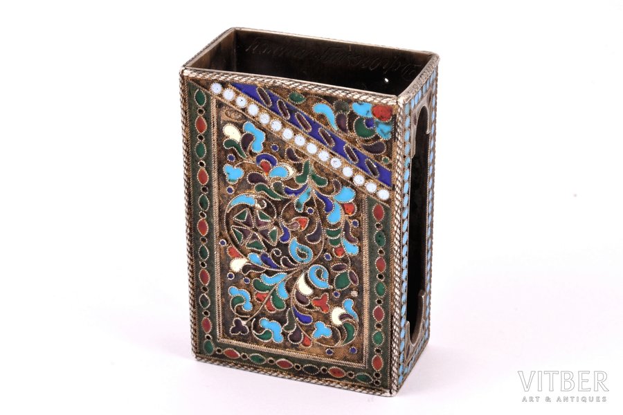 matches' holder, silver, 84 standard, 67.65 g, cloisonne enamel, 6 x 4.2 x 2.4 cm, 1908-1917, Moscow, Russia