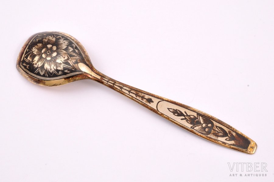 sugar spoon, silver, 875 standard, 23.05 g, niello enamel, gilding, 13.1 cm, The "Severnaya Chern" factory of Veliky Ustyug, 1976, Leningrad, USSR