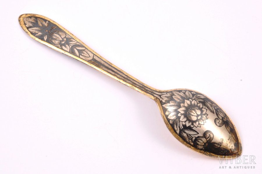 teaspoon, silver, 875 standard, 25.40 g, niello enamel, gilding, 14 cm, The "Severnaya Chern" factory of Veliky Ustyug, 1975, Leningrad, USSR