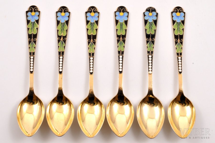set of teaspoons, silver, 6 pcs., 916 standard, 137.35 g, cloisonne enamel, gilding, 14.4 cm, Leningrad Jewelry Factory, 1961, Leningrad, USSR