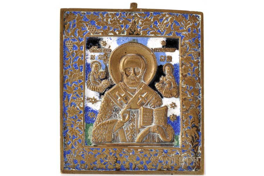 ikona, Svētais Nikolajs Brīnumdarītājs, vara sakausējuma, 5-krāsu emalja, Krievijas impērija, 20. gs. sākums, 11.4 x 9.6 x 0.4 cm, 283.35 g.
