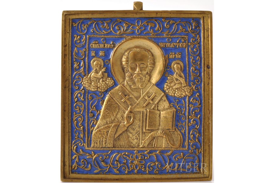ikona, Svētais Nikolajs Brīnumdarītājs, vara sakausējuma, 1-krāsu emalja, Krievijas impērija, 20. gs. sākums, 11.7 x 9.9 x 0.4 cm, 279.95 g.