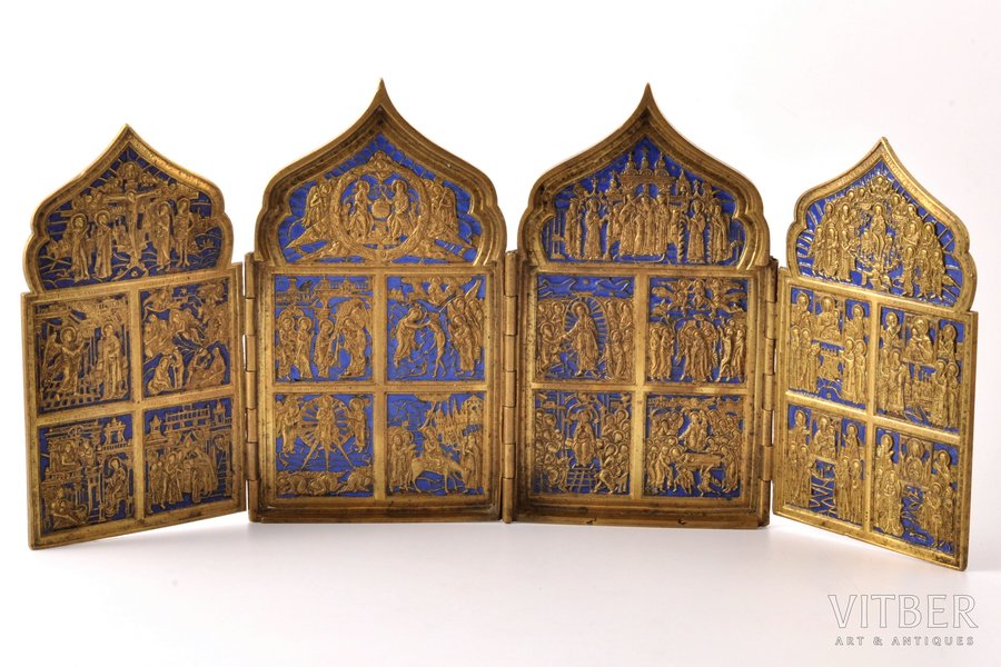 icon with foldable side flaps, Great Feasts, copper alloy, 1-color enamel, Russia, the border of the 19th and the 20th centuries, 41.3 x 18.5 x 0.9 cm, 1650 g.